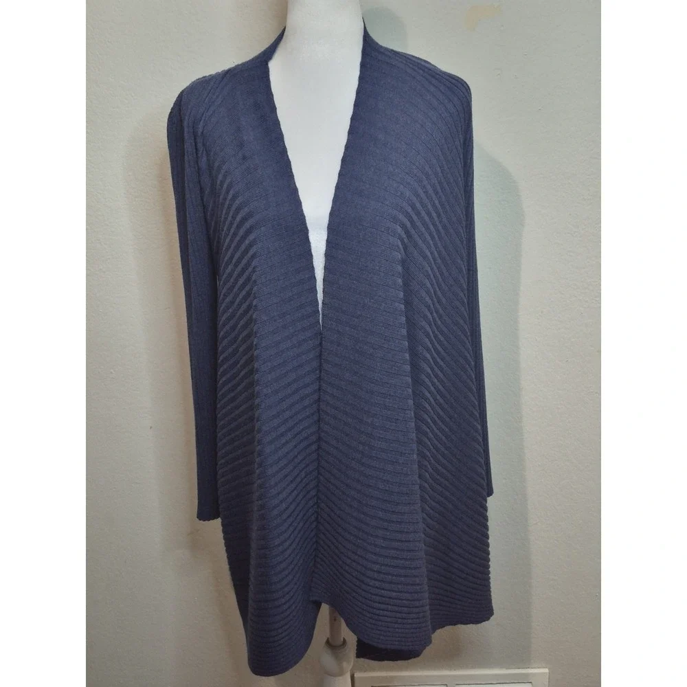 Eileen Fisher Merino Wool Cardigan Size S Blue Open Front Long Duster Layering